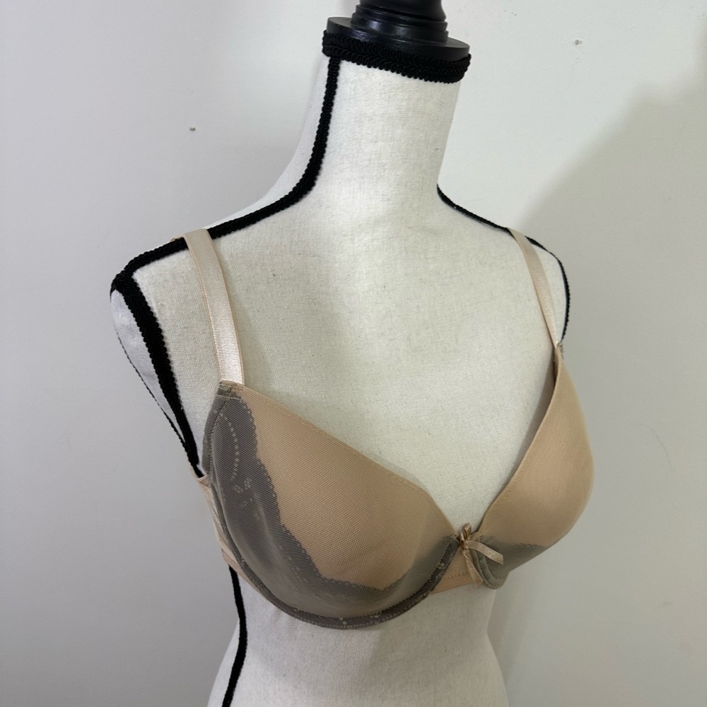 Barely Breezies. sz 38C bra. Sand color with gray lace accent